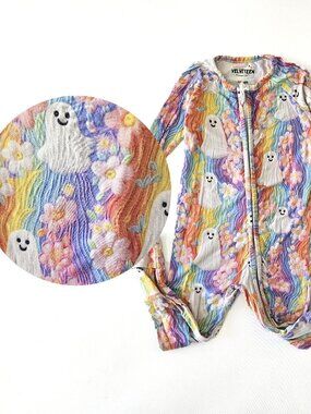 Velveteen Bunny Knots EmBOOdery Rainbow Ghost Halloween Bamboo Zip Footie 6-12M